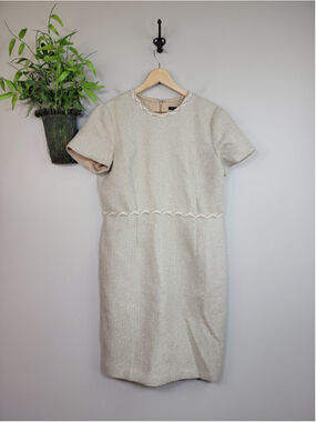 Ann Taylor Metallic Champagne Tweed Herringbone Sheath Dress Knee Length 14P